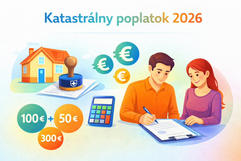 Ilustrácia katastrálneho poplatku – podpis zmluvy, dokumenty, dom a zvýraznené sumy 100 €, 50 € a 300 €