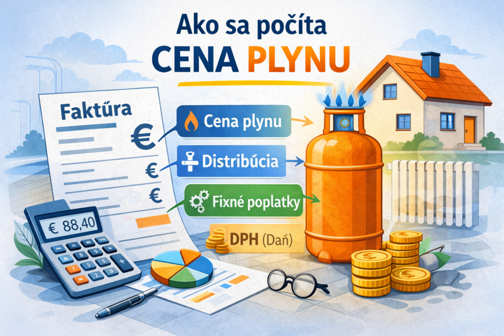 Zložky ceny plynu – komodita, distribúcia, fixné poplatky a DPH.