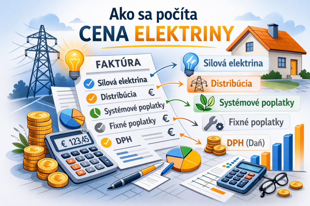 Prehľad zložiek ceny elektriny: silová elektrina, distribúcia, poplatky a DPH