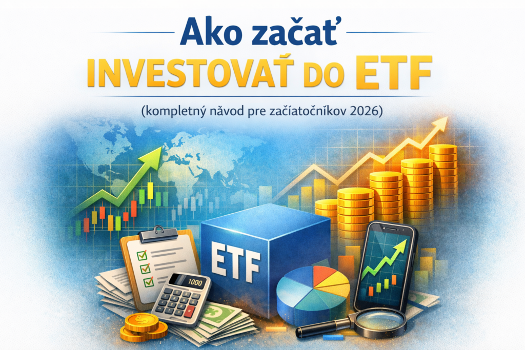 ETF investovanie pre začiatočníkov – infografika s grafmi rastu, mincami a titulkom „Ako začať investovať do ETF“
