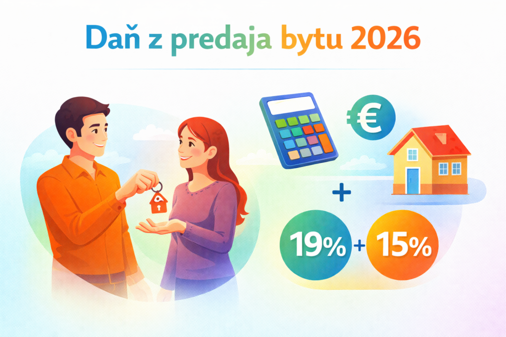 Ilustrácia predaja bytu s výpočtom dane – pár, byt, kalkulačka a zvýraznené sadzby dane 19 % a zdravotné odvody 15 %