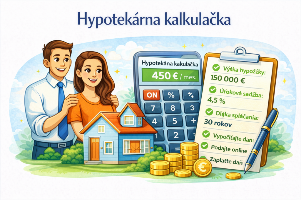 Hypotekárna kalkulačka – výpočet mesačnej splátky hypotéky podľa výšky úveru, úroku a doby splácania.
