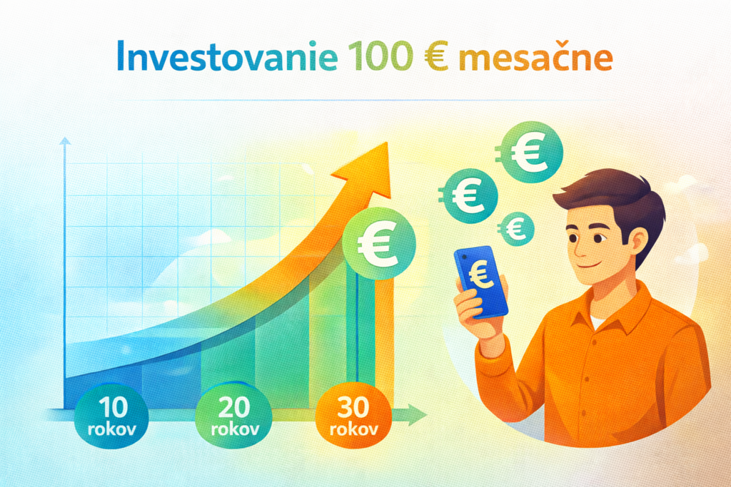 Ilustrácia pravidelného investovania 100 € mesačne – rast investície v čase, graf a časová os 10, 20 a 30 rokov