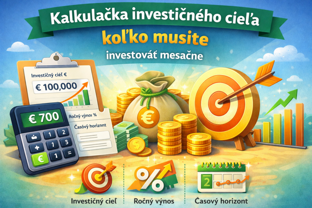 Kalkulačka investičného cieľa – výpočet mesačného investovania pre dosiahnutie finančného cieľa.