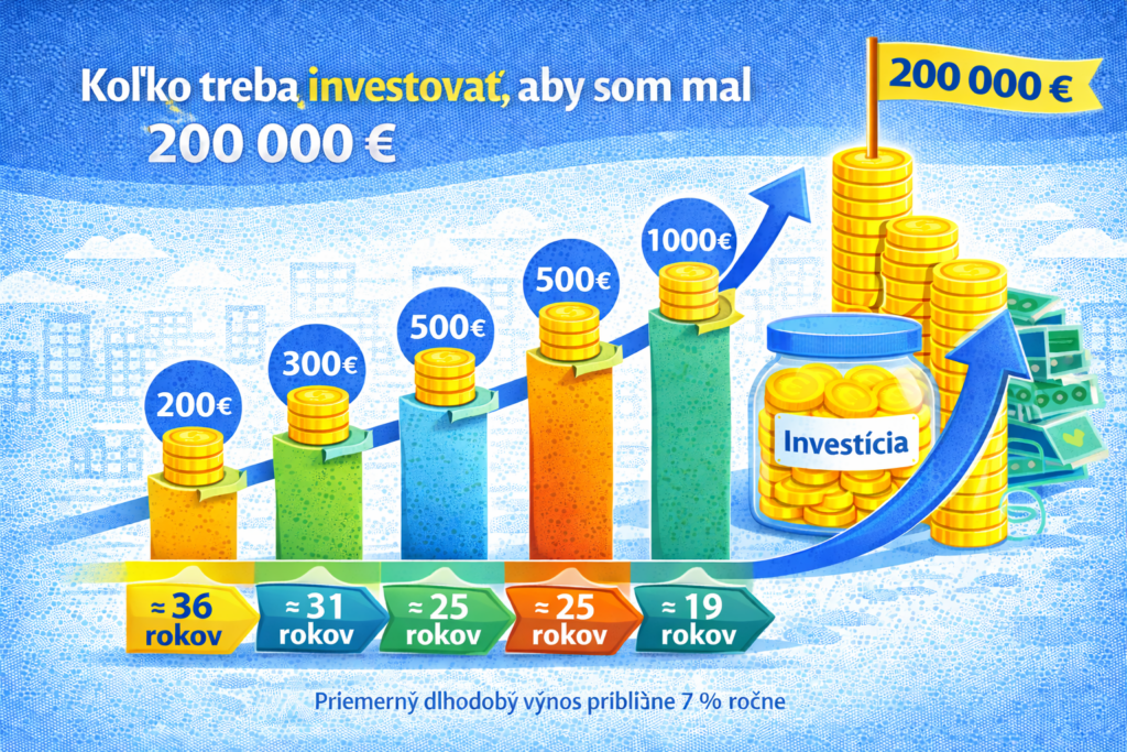 Koľko treba investovať, aby som mal 200 000 € – prehľad mesačných investícií a času potrebného na dosiahnutie investičného cieľa 200 000 €.