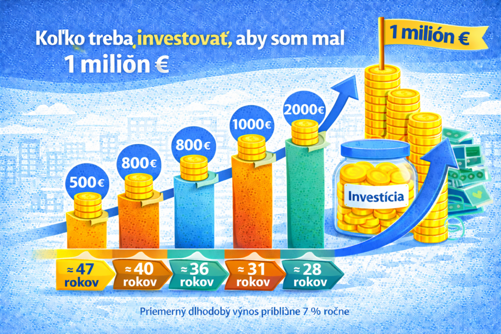 Koľko treba investovať, aby som mal 1 milión € – prehľad mesačných investícií a času potrebného na dosiahnutie investičného cieľa 1 milión €.