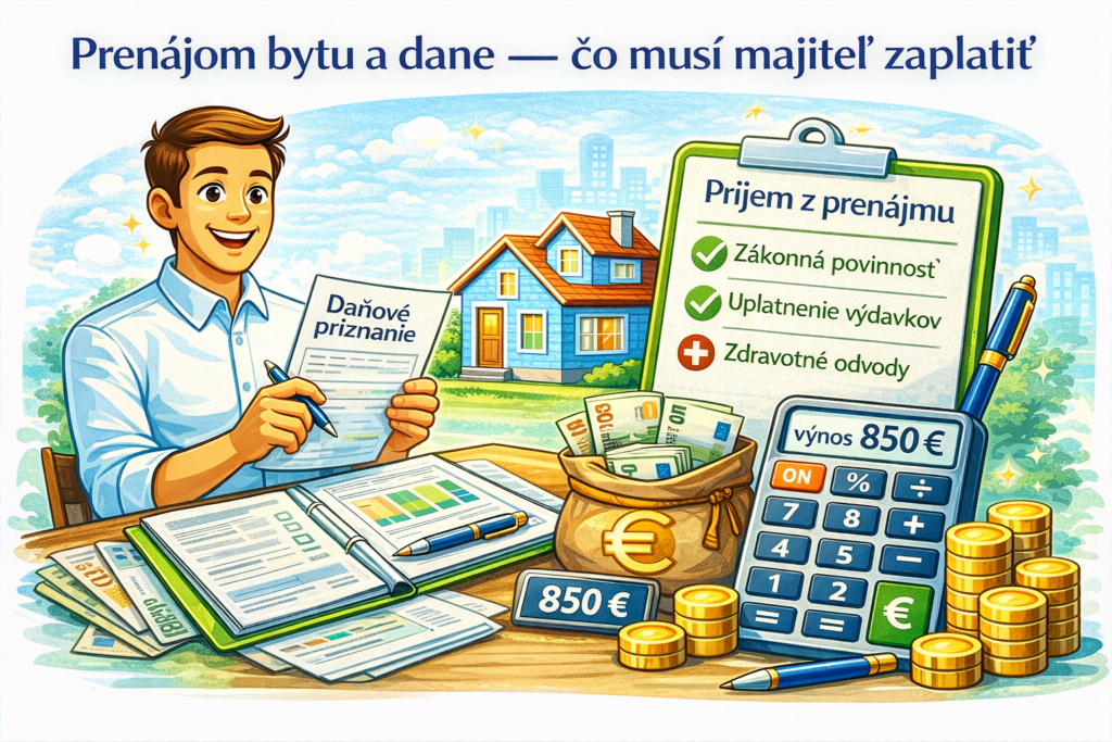 Prenájom bytu a dane – zdanenie príjmu z prenájmu nehnuteľnosti a výpočet dane z nájomného.