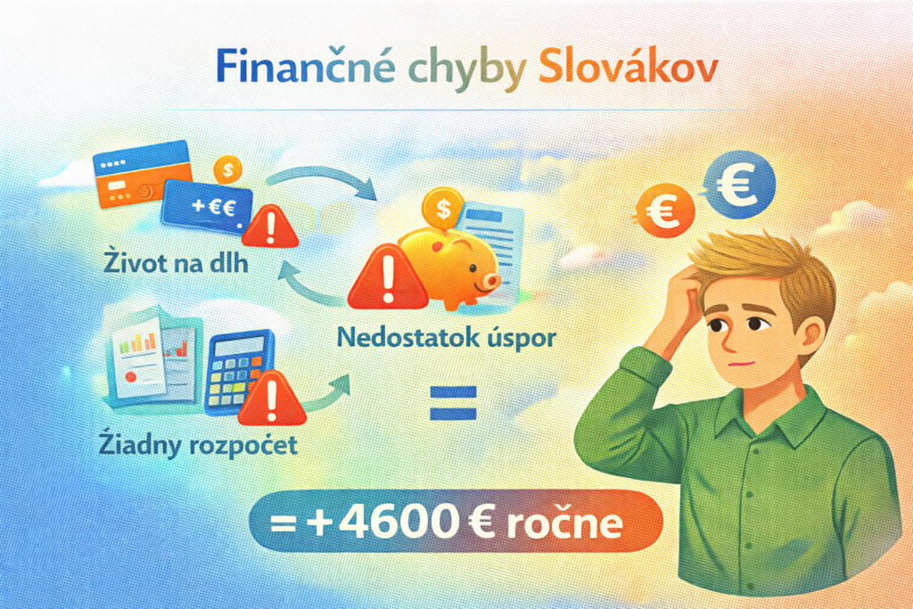 Ilustrácia finančných chýb – človek robí zlé rozhodnutia, peniaze a varovné symboly