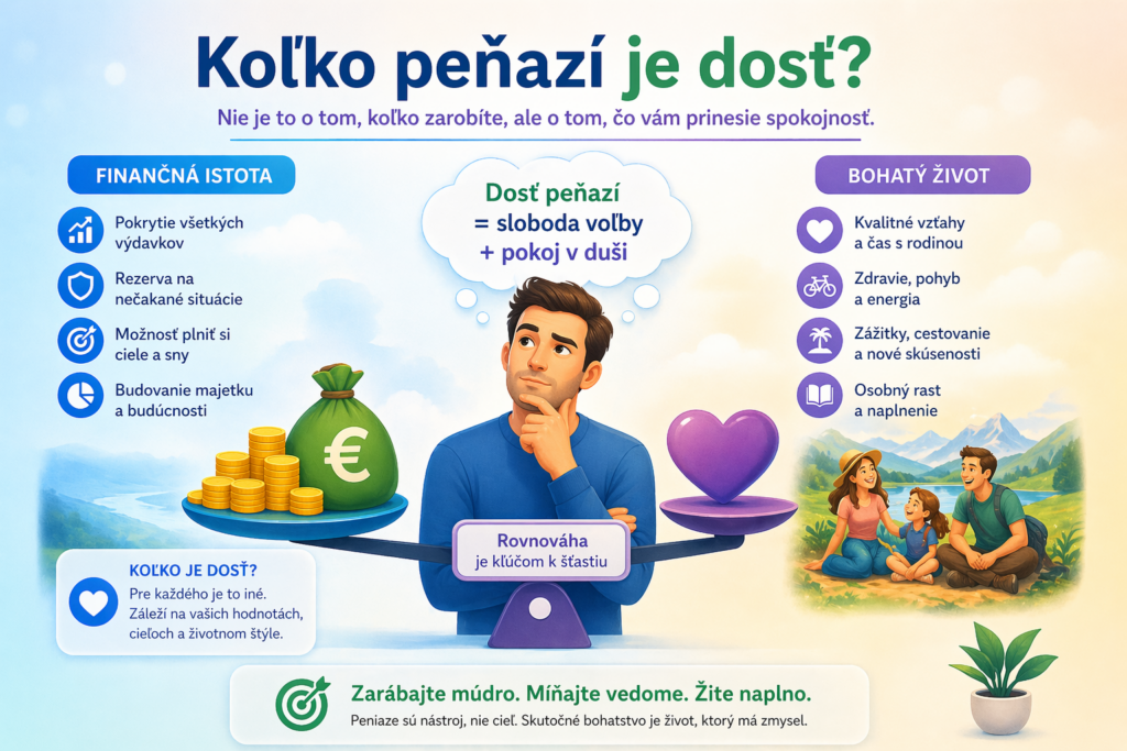 Ilustrácia financií – človek premýšľa, koľko peňazí stačí na spokojný život