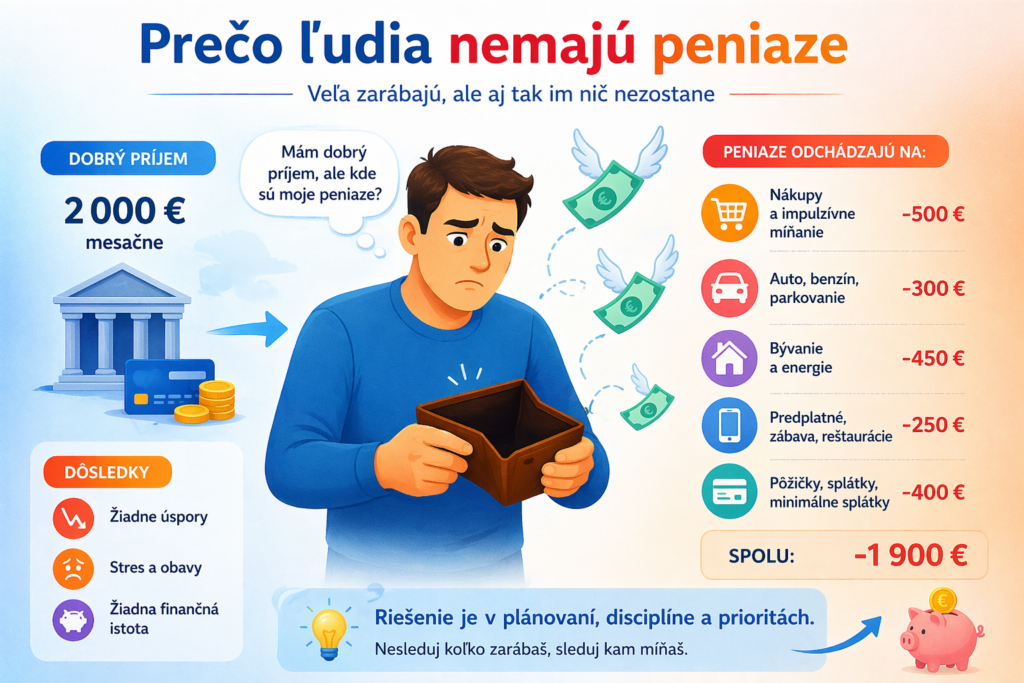 Ilustrácia financií – človek s dobrým platom, ale prázdnou peňaženkou a výdavkami