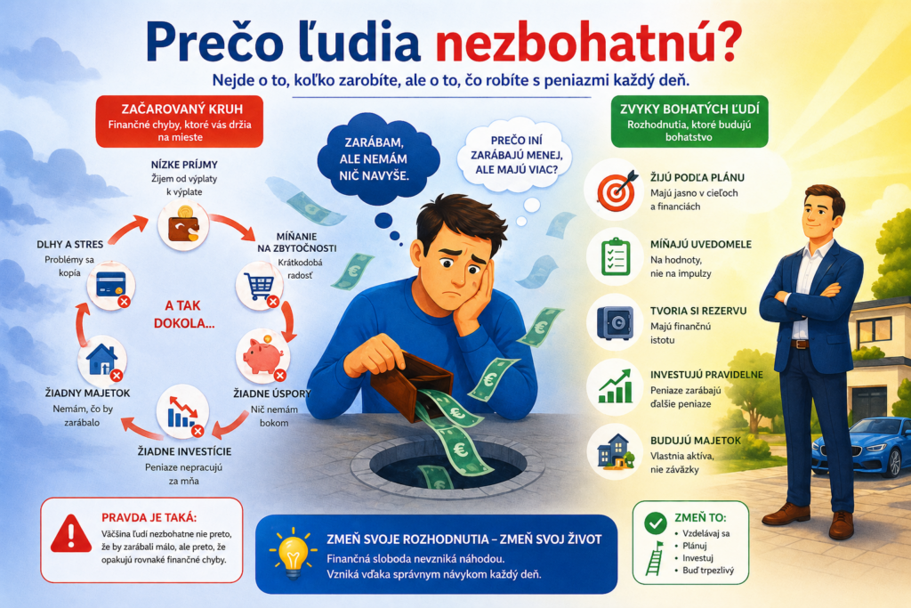Ilustrácia financií – človek uviaznutý v cykle výdavkov, peniaze mu unikajú