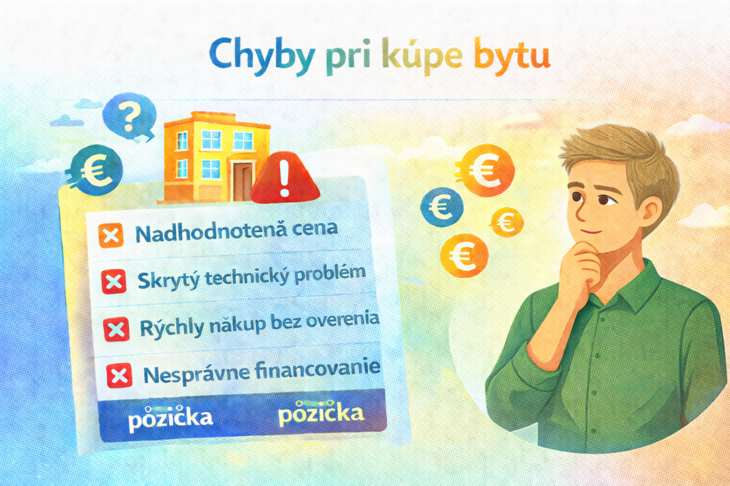 Ilustrácia chýb pri kúpe bytu – človek sa rozhoduje, varovné symboly a finančné riziká