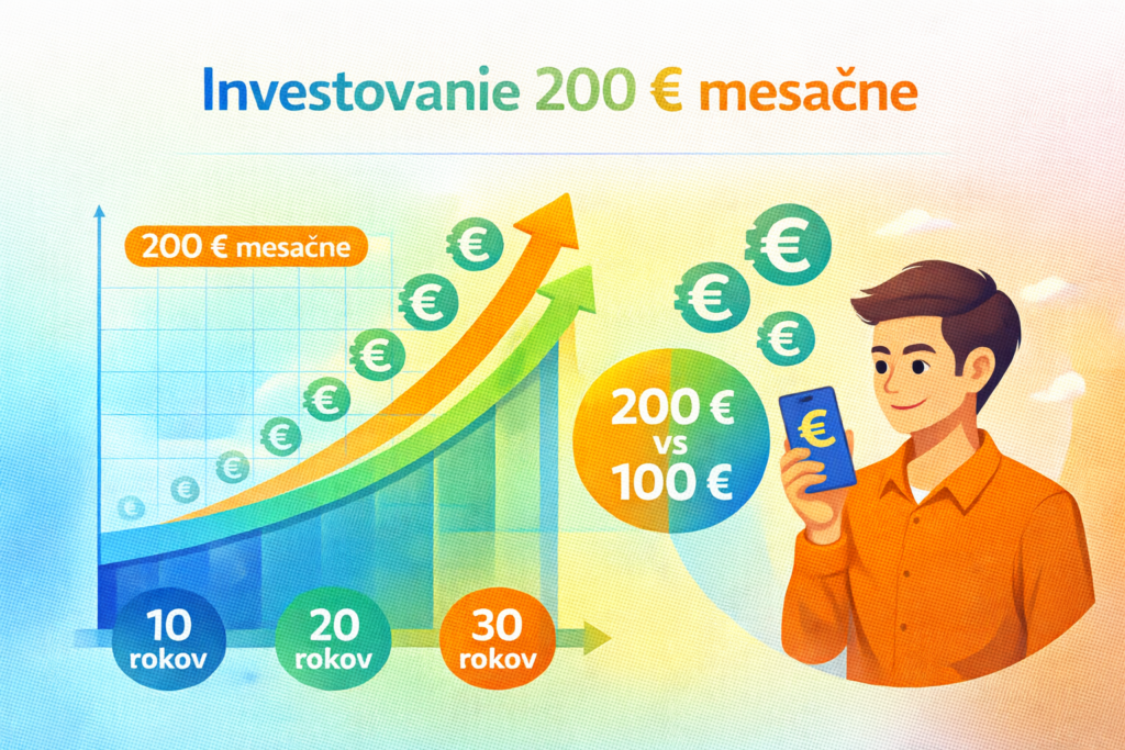 Ilustrácia investovania 200 € mesačne – rast investície, porovnanie so 100 € a graf vývoja v čase