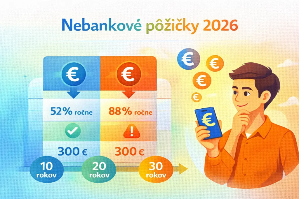 Ilustrácia nebankových pôžičiek – porovnanie ponúk, euro symboly a upozornenia na riziká