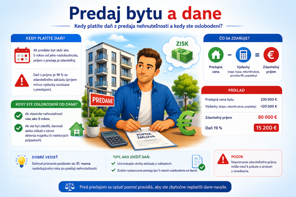 Ilustrácia predaja bytu – dane, peniaze a rozhodovanie o predaji